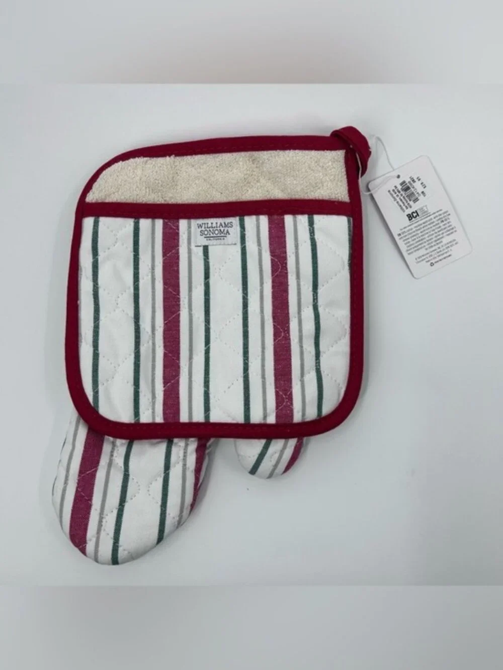 NWT Williams Sonoma Holiday Stripe Oven Mitt & Potholder - Red, Green, White